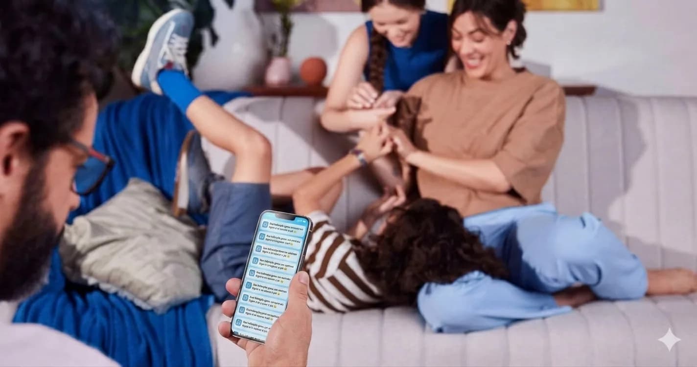Família recebendo notificação de pagamento Pix no celular em casa