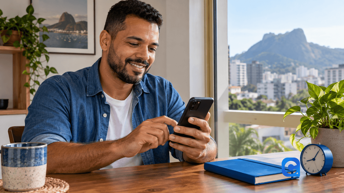 Pessoa confere proposta e notificação bancária no celular com elementos azuis