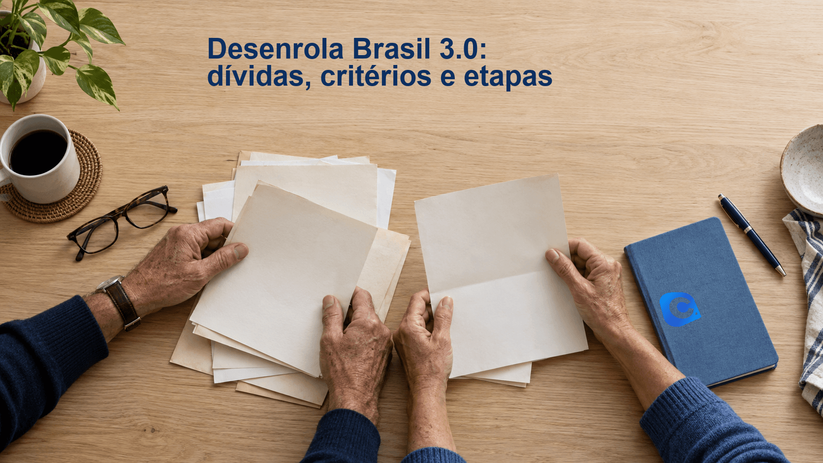 Mãos de um casal organizam documentos sem texto, ao lado de um caderno azul, para conferir dívidas antigas.