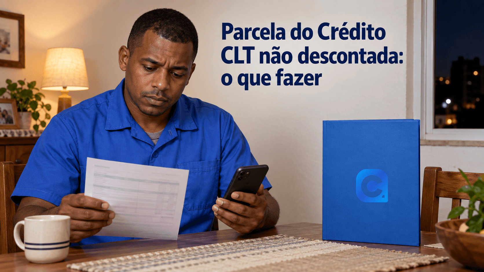 Trabalhador de uniforme azul confere contracheque e celular em casa à noite, com o símbolo oficial do Meu Consig na pasta azul sobre a mesa.