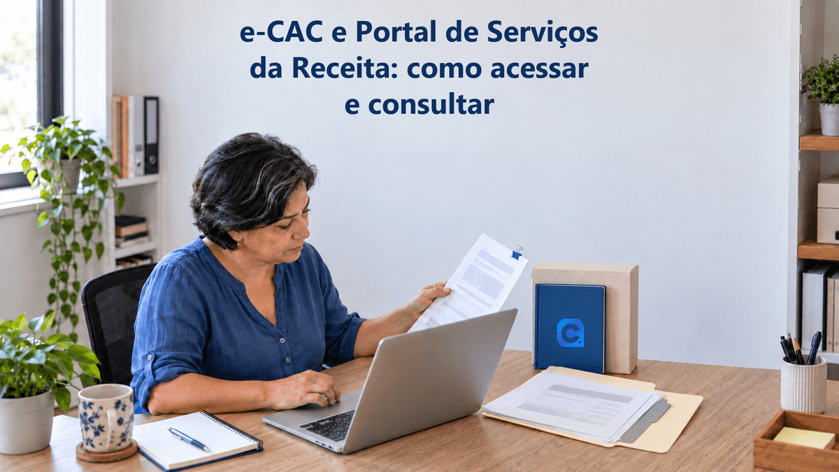 Mulher de blusa azul compara uma comunicação avulsa e um relatório sobre a mesa, junto ao notebook e a um caderno vertical com o símbolo oficial do Meu Consig.