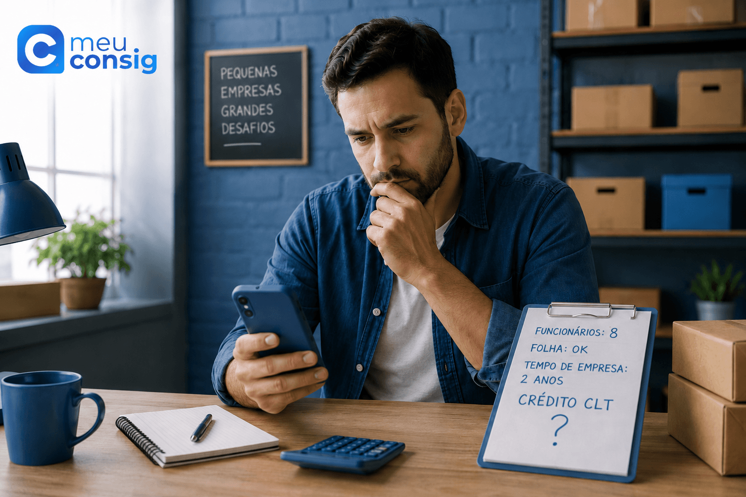 Trabalhador de empresa pequena analisando Crédito CLT pelo celular