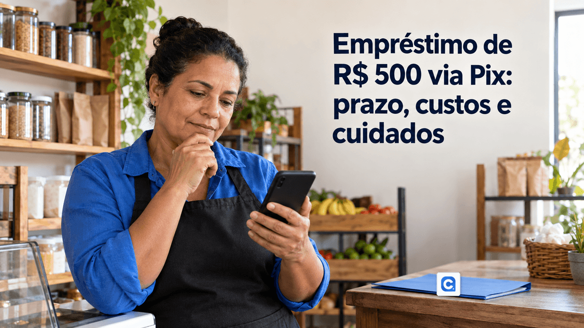 Comerciante analisa o celular na loja; o simbolo do Meu Consig aparece numa pasta.