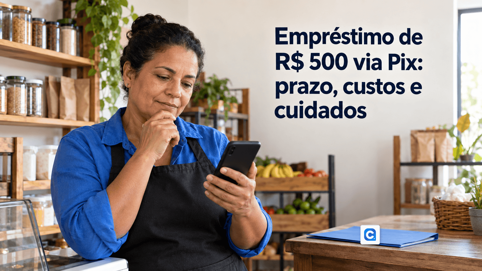 Comerciante analisa o celular na loja; o simbolo do Meu Consig aparece numa pasta.