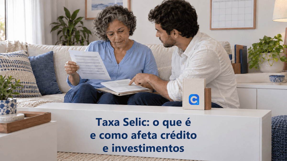 Mulher de blusa azul e homem de camisa clara comparam dois demonstrativos no sofá; um caderno vertical apoiado sobre a mesa traz o símbolo oficial do Meu Consig.