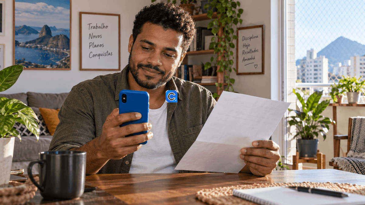 Trabalhador consulta o FGTS no celular e documentos de desligamento.