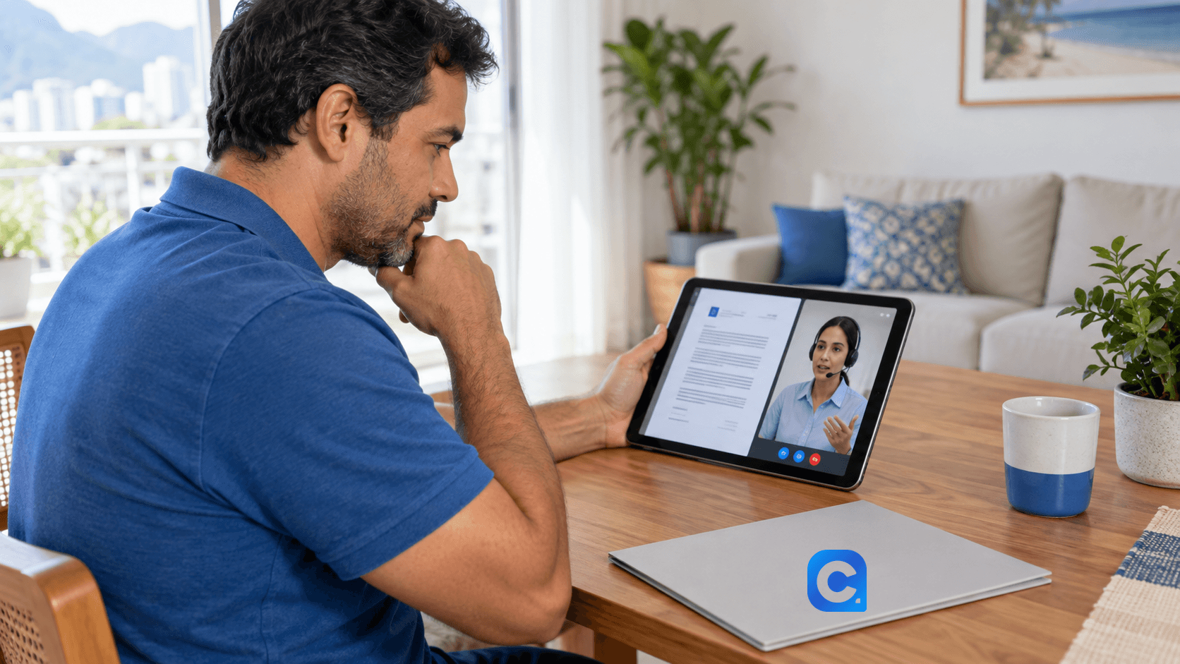 Homem jovem de camisa polo azul acompanha uma conversa em um tablet.