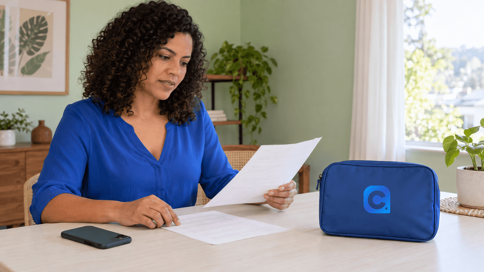 Trabalhadora de blusa azul compara dois documentos na mesa de casa, com celular de costas e símbolo Meu Consig na nécessaire azul.