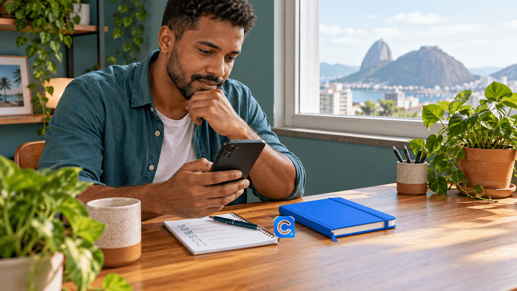 Trabalhador consulta o aplicativo FGTS e anota possíveis motivos de recusa.