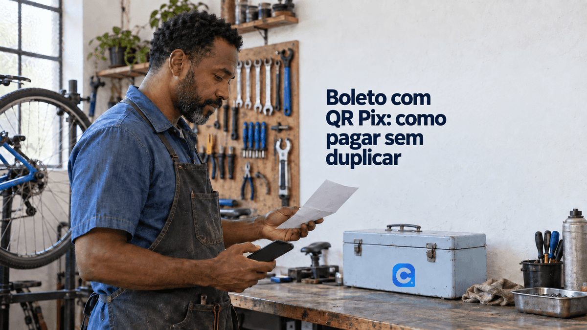 Dono de oficina de bicicletas confere papel e celular ao lado de uma caixa de ferramentas clara com o símbolo Meu Consig.