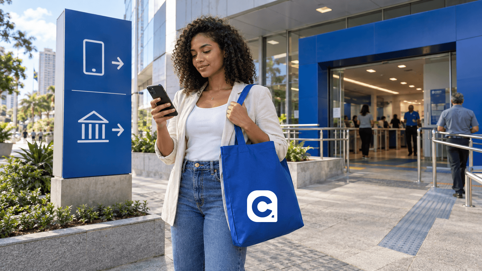 Pessoa diante de agência consulta canais de atendimento com bolsa azul e símbolo Meu Consig.