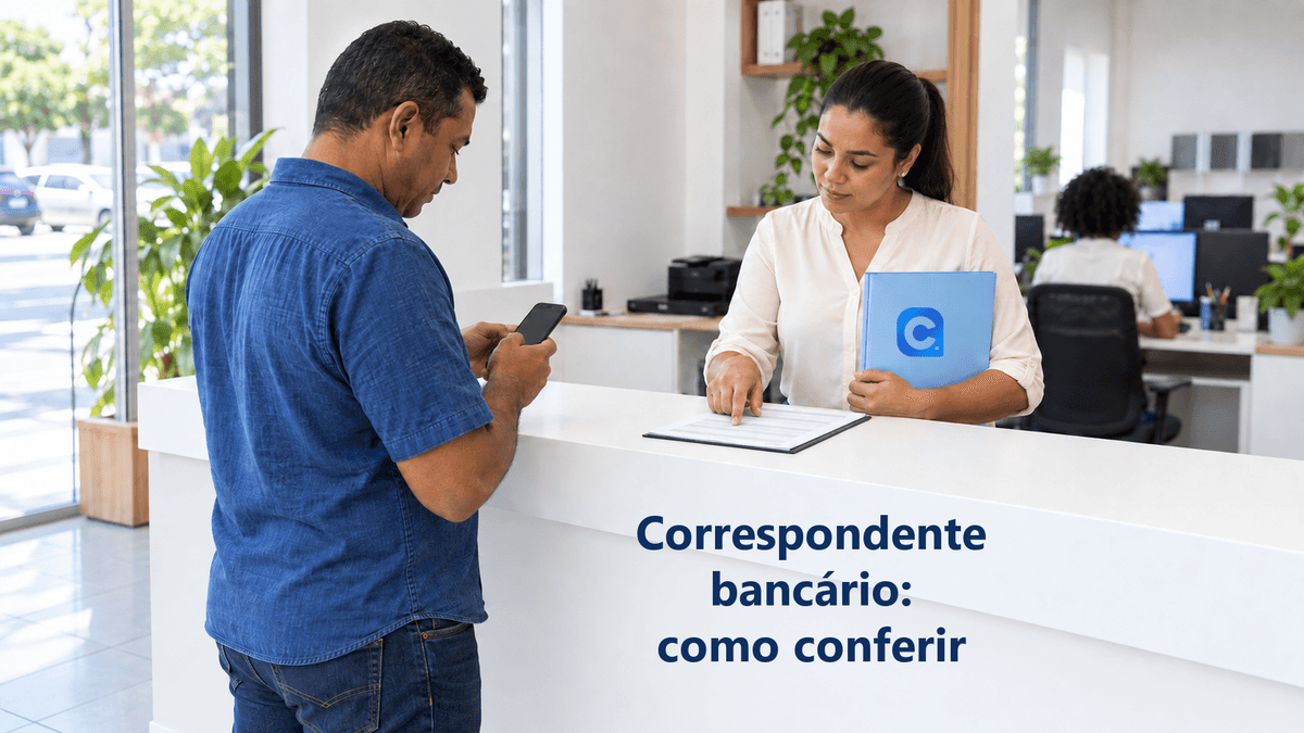 Cliente consulta o próprio celular enquanto uma atendente indica uma proposta no balcão e segura pasta azul com o símbolo oficial do Meu Consig.