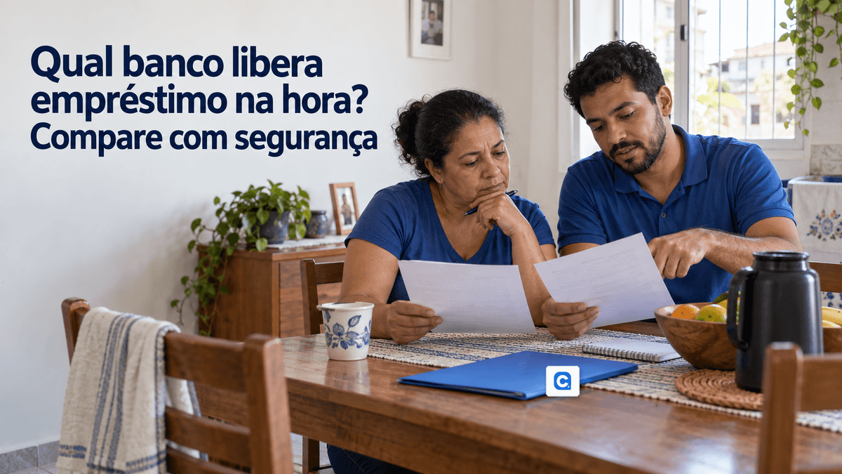 Duas pessoas comparam propostas em casa; o simbolo do Meu Consig aparece numa pasta.