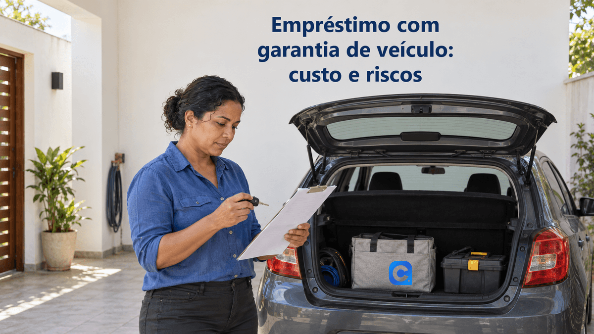 Mulher confere uma proposta e segura a chave junto ao próprio carro com material de trabalho no porta-malas; símbolo Meu Consig na bolsa cinza apoiada dentro do veículo.
