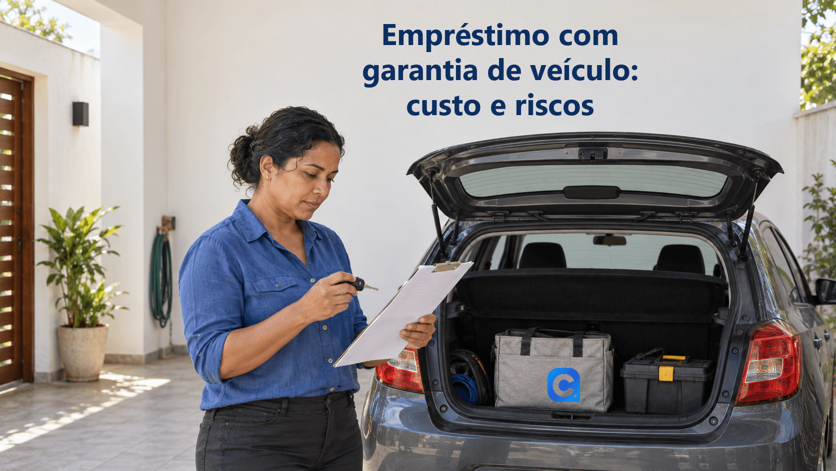 Mulher confere uma proposta e segura a chave junto ao próprio carro com material de trabalho no porta-malas; símbolo Meu Consig na bolsa cinza apoiada dentro do veículo.