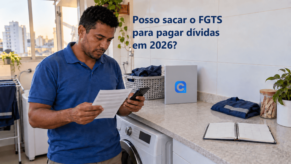 Trabalhador de polo azul compara uma conta e o celular na lavanderia de casa, ao lado de agenda aberta e pasta com o símbolo oficial do Meu Consig.
