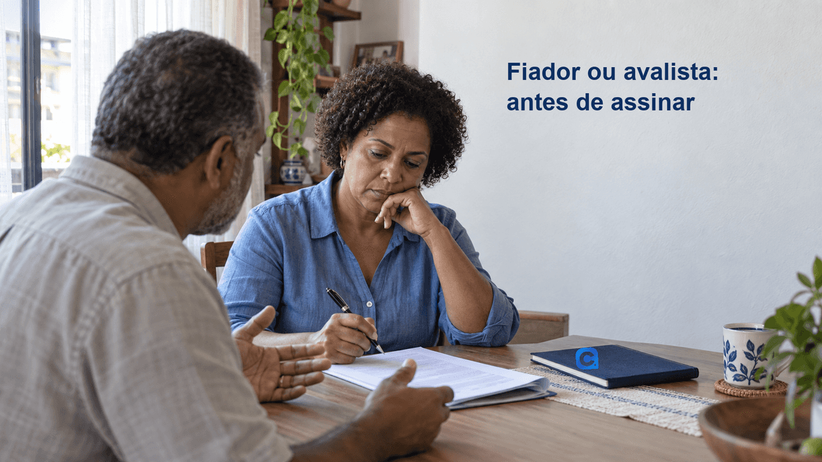 Mulher analisa contrato ao conversar com um homem; caderno azul com o símbolo oficial do Meu Consig e título Fiador ou avalista: antes de assinar na parede.