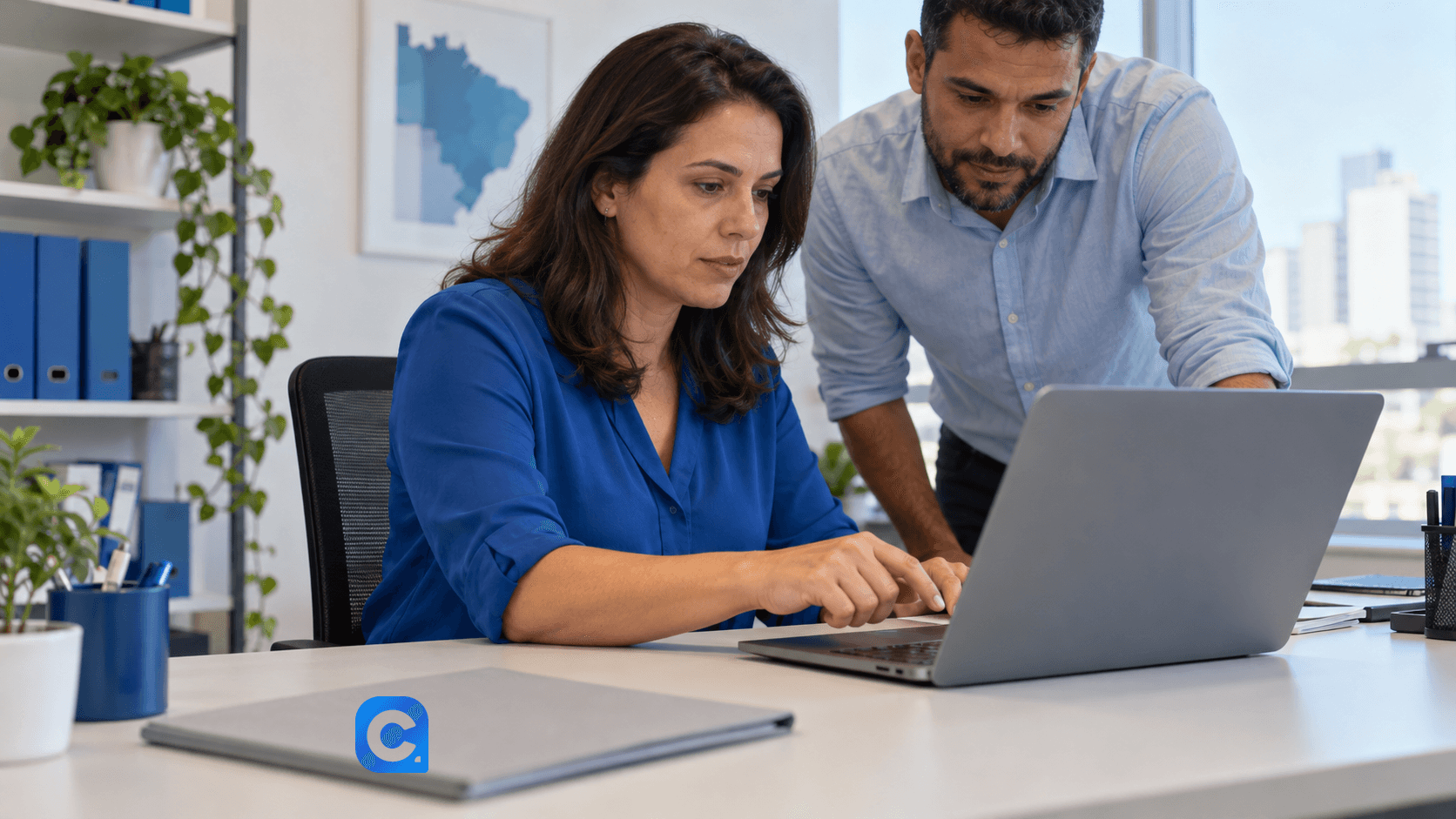 Mulher de roupa azul e homem conferem um computador no escritório, com símbolo Meu Consig no caderno cinza.