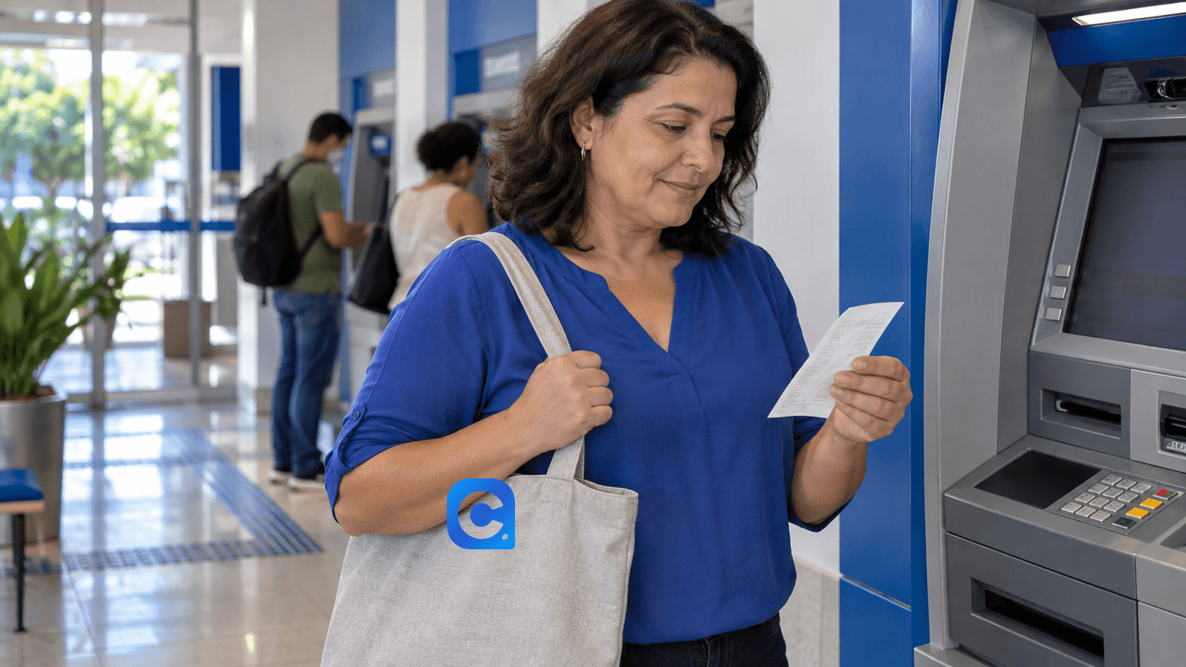 Cliente consulta comprovante de saque ao lado de caixa eletrônico