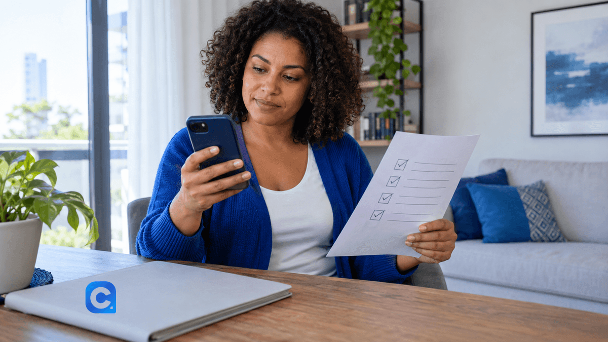 Mulher de cardigan azul confere documentos e o celular em casa.