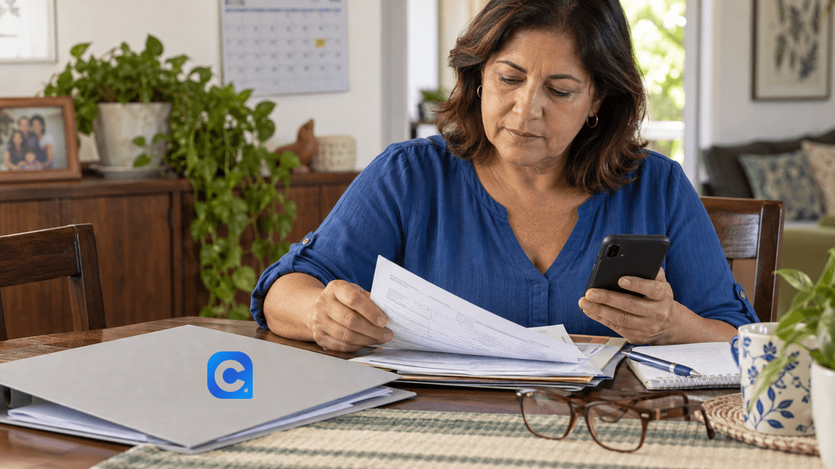 Segurada organiza documentos médicos enquanto consulta o Meu INSS no celular