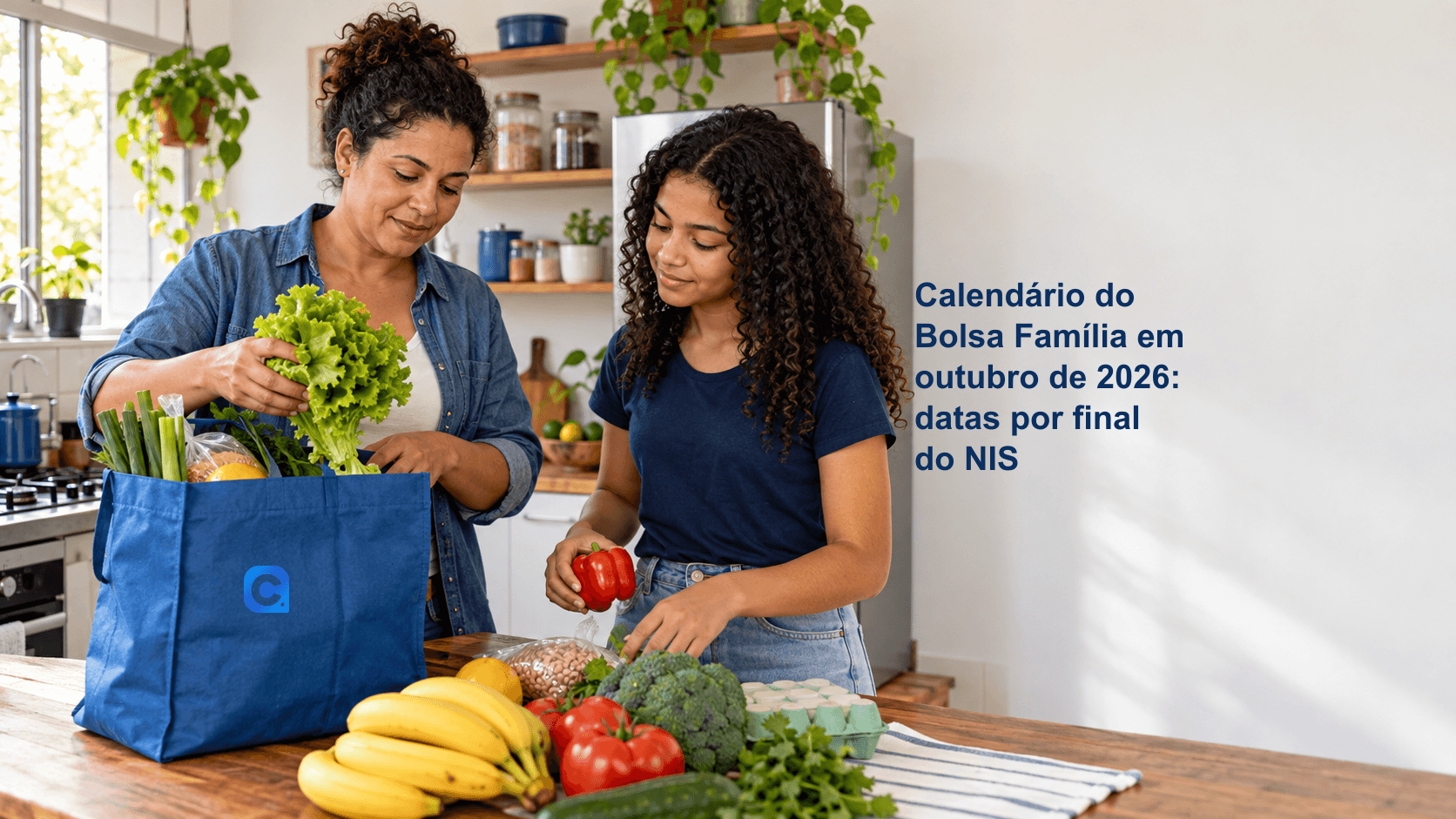 Mae e filha organizam alimentos na cozinha, com uma sacola azul de compras sobre a mesa.