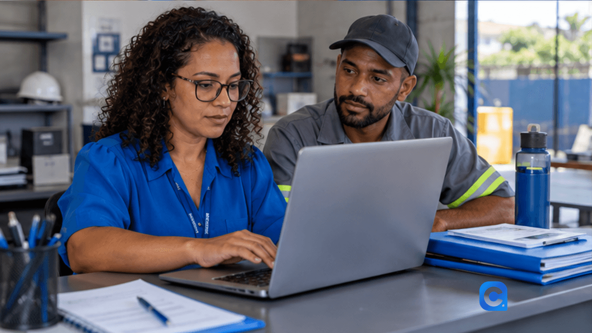 Profissional confere recolhimentos do FGTS Digital em computador com colega de trabalho