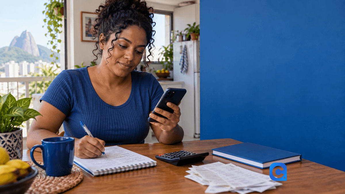 Pessoa confere pontuação de crédito e orçamento em celular com caderno azul