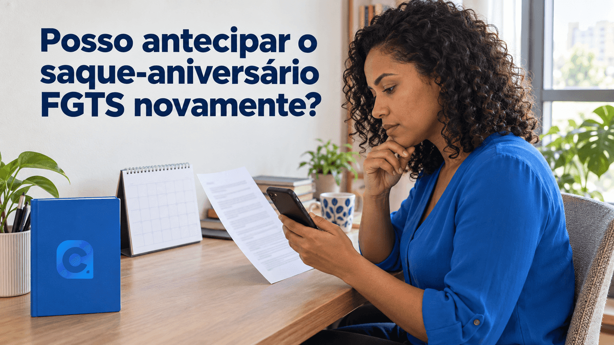 Mulher de blusa azul consulta o celular e uma proposta anterior junto a um calendário neutro, com o símbolo oficial do Meu Consig no caderno azul sobre a mesa.