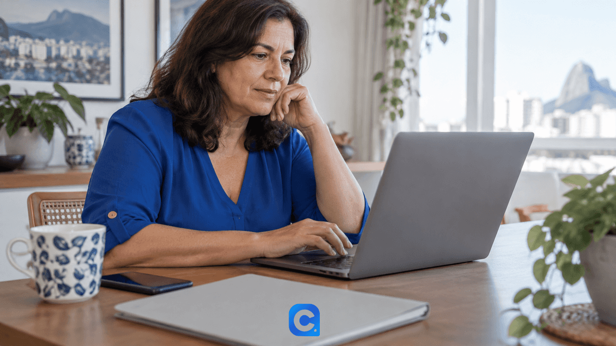 Mulher de blusa azul utiliza um computador em casa.