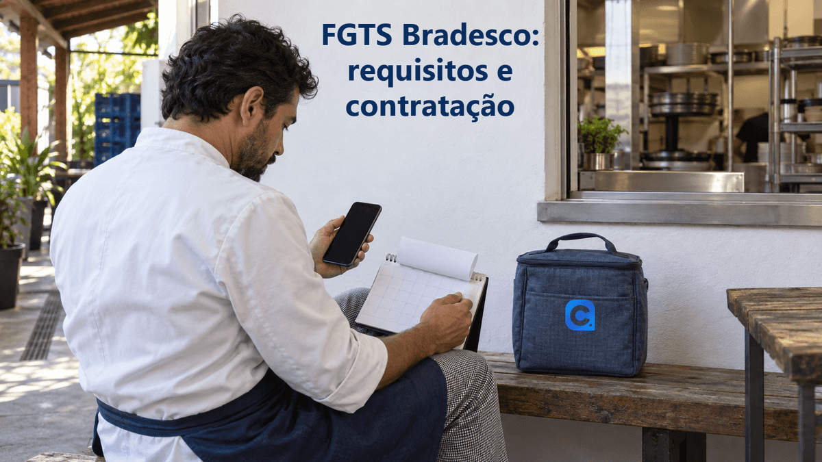 Cozinheiro consulta o próprio celular enquanto confere um calendário no intervalo do restaurante; uma bolsa azul apoiada no banco traz o símbolo oficial do Meu Consig.