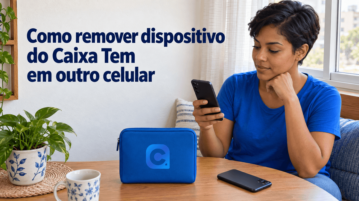 Mulher de camiseta azul consulta um celular enquanto outro aparelho está de costas sobre a mesa, com o símbolo oficial do Meu Consig no estojo azul.