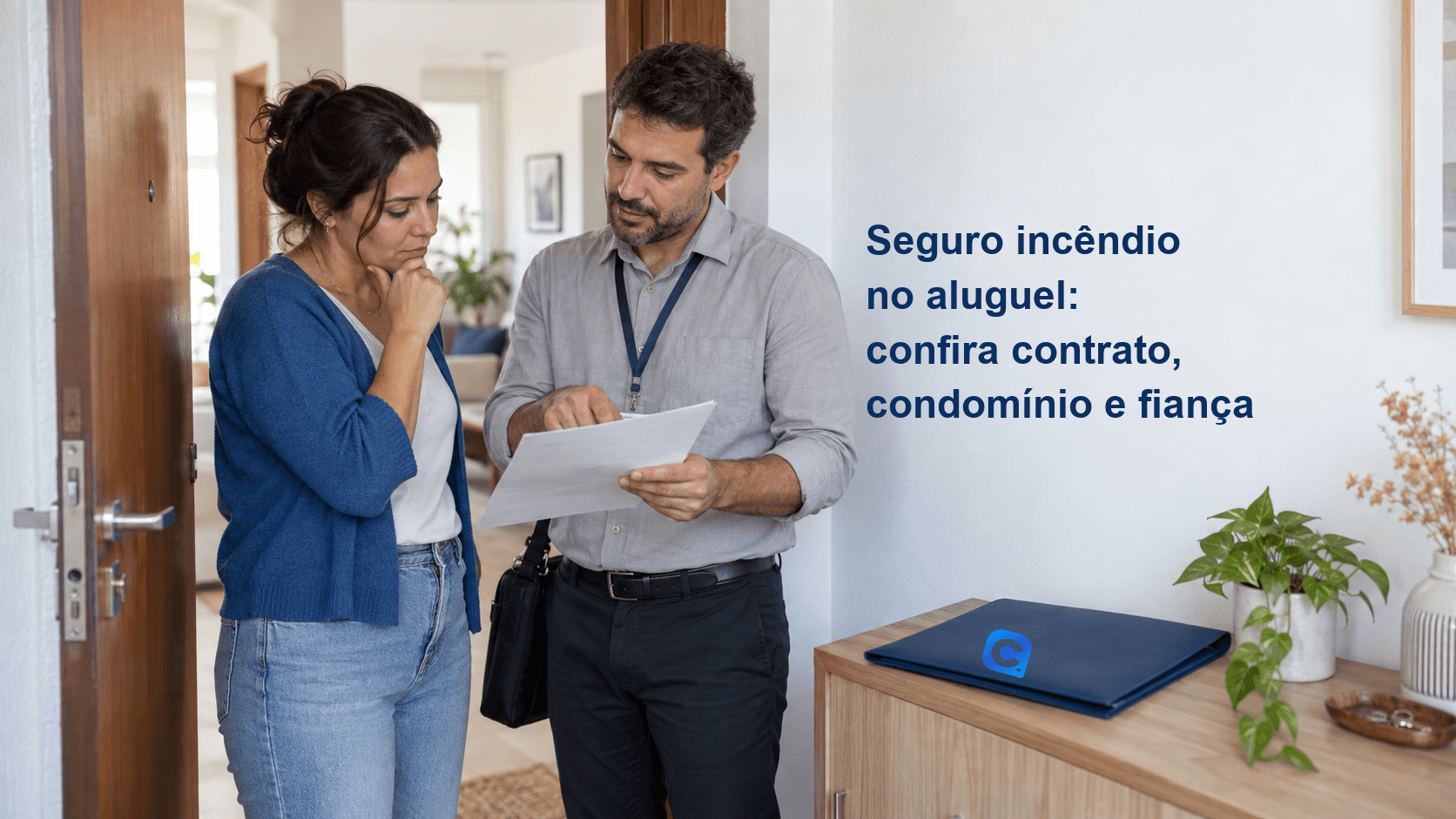Inquilina e representante conferem um documento na entrada de um apartamento; uma pasta azul está sobre o aparador.