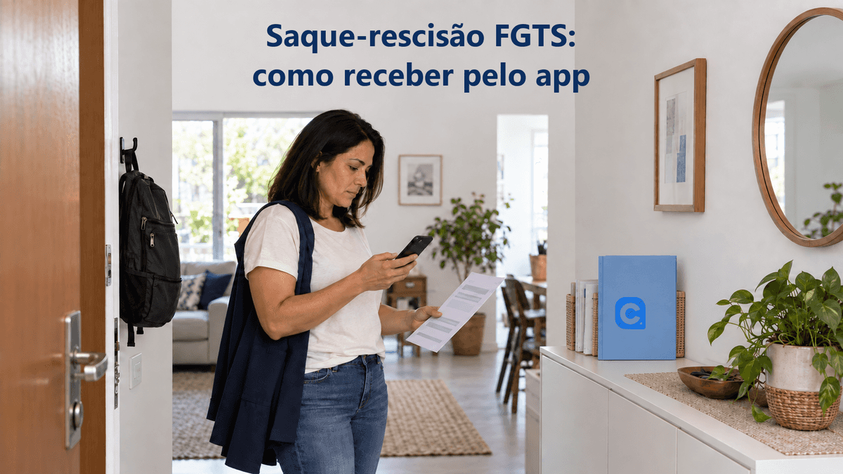 Mulher consulta o próprio celular e um documento na entrada de casa, com casaco no ombro e mochila guardada; uma pasta azul no aparador traz o símbolo oficial do Meu Consig.