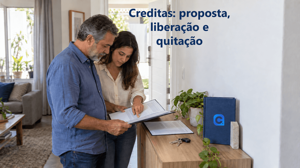 Homem e familiar adulta conferem documentos na entrada da casa, com uma chave sobre o aparador; uma pasta azul vertical apoiada traz o símbolo oficial do Meu Consig.