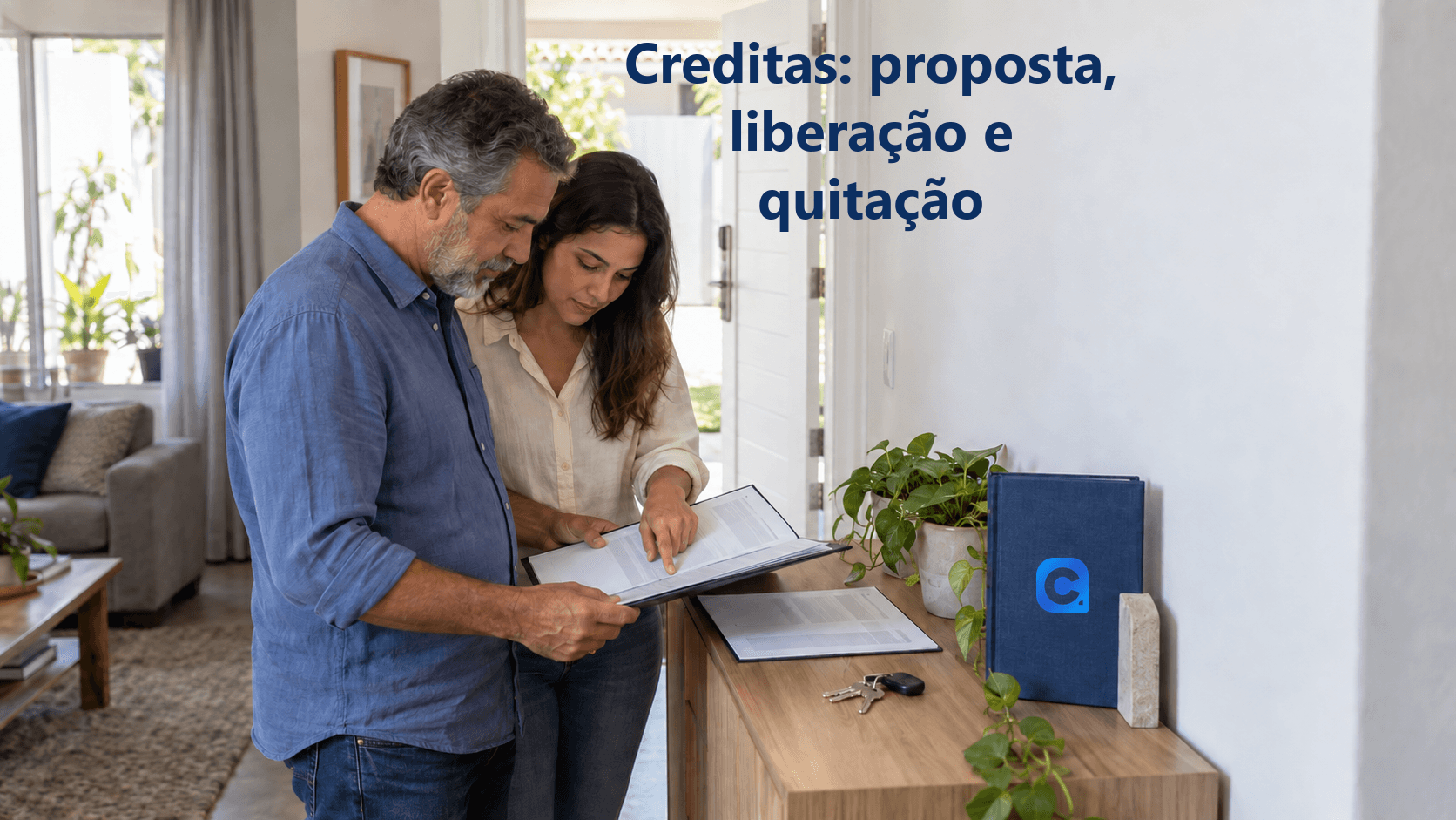 Homem e familiar adulta conferem documentos na entrada da casa, com uma chave sobre o aparador; uma pasta azul vertical apoiada traz o símbolo oficial do Meu Consig.