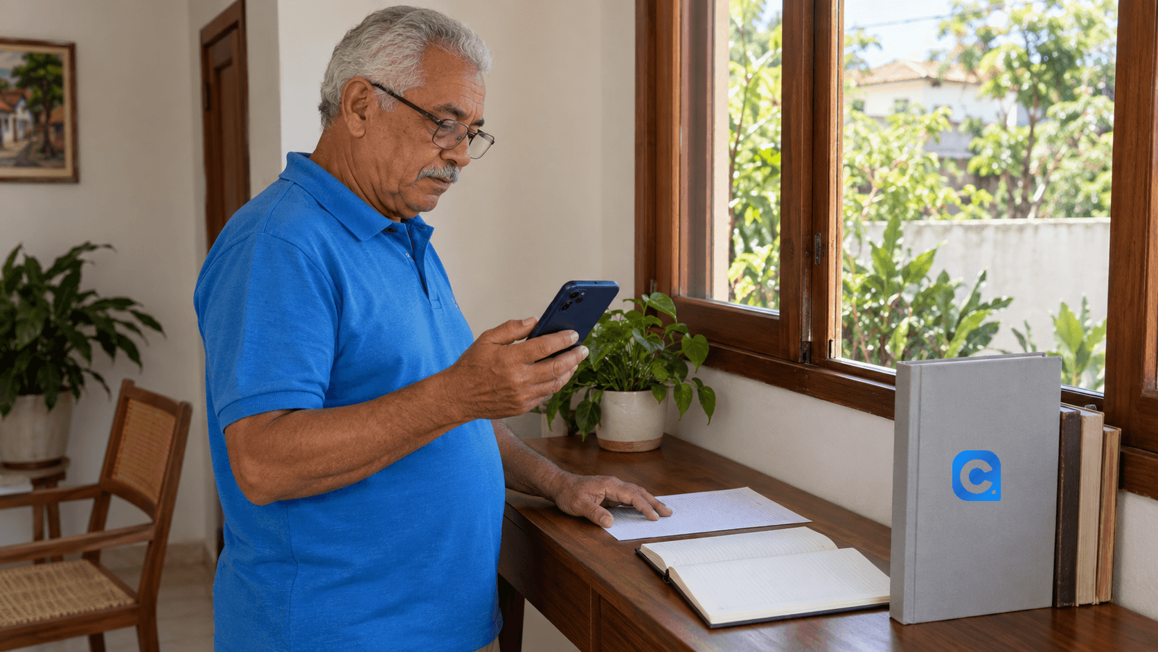 Homem idoso de polo azul consulta celular junto à janela, com papéis na mesa e símbolo Meu Consig na capa do fichário cinza.