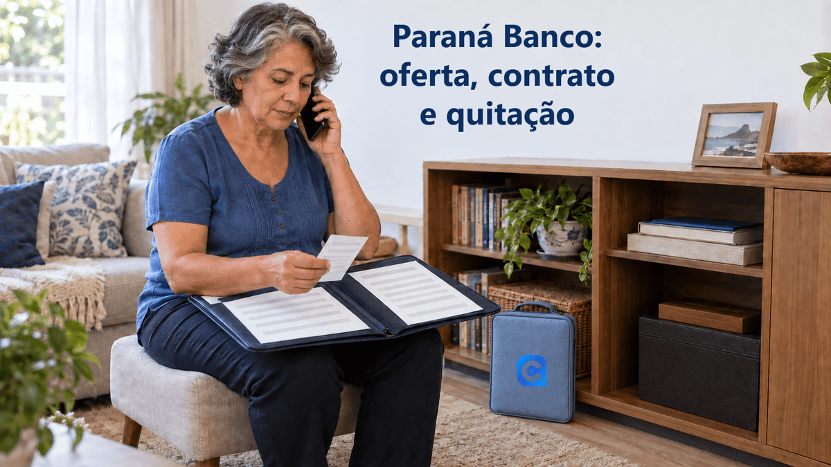 Mulher consulta por telefone e confere um comprovante junto de documentos arquivados em casa; um organizador azul apoiado no chão traz o símbolo oficial do Meu Consig.