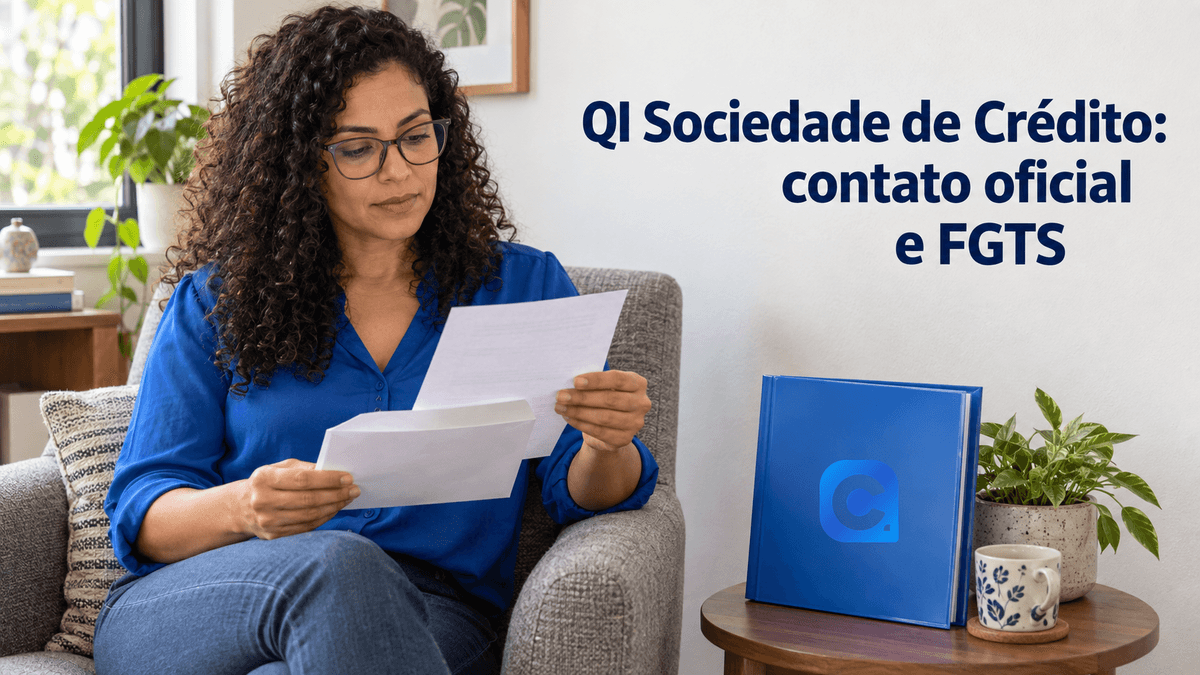 Mulher de blusa azul confere um envelope e um documento neutro em uma poltrona, com o símbolo oficial do Meu Consig na pasta azul da mesa lateral.