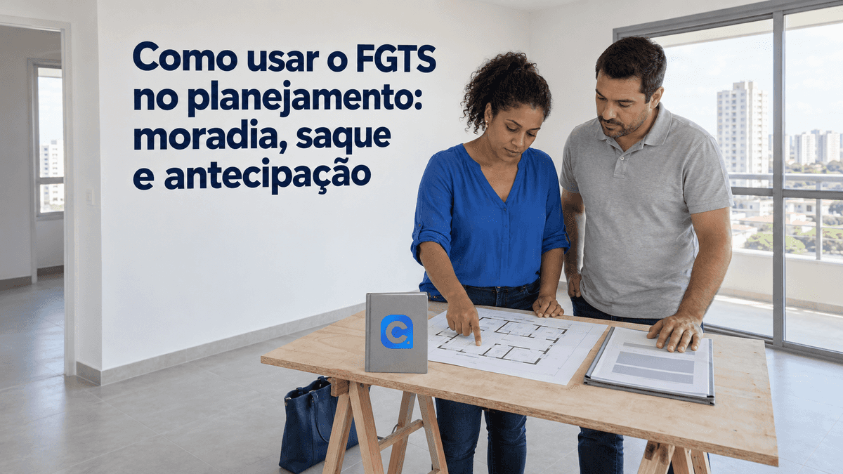 Casal avalia planta de moradia e documento genérico em apartamento vazio, com mulher de blusa azul e símbolo Meu Consig no caderno cinza.