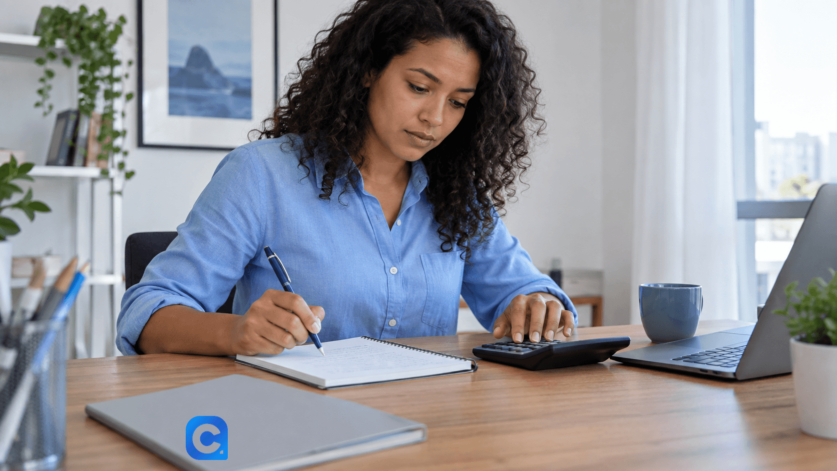 Mulher de blusa azul-clara faz cálculos com caderno, calculadora e computador.