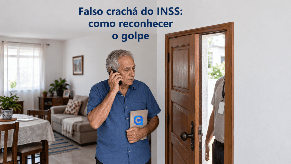 Homem idoso fala ao telefone dentro de casa e segura caderno com o símbolo oficial do Meu Consig; além da porta aparece parcialmente um visitante com cordão e crachá sem identificação.