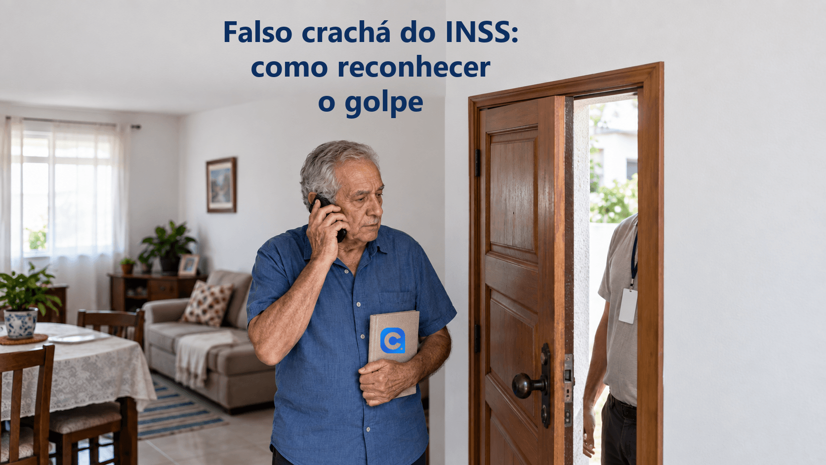 Homem idoso fala ao telefone dentro de casa e segura caderno com o símbolo oficial do Meu Consig; além da porta aparece parcialmente um visitante com cordão e crachá sem identificação.