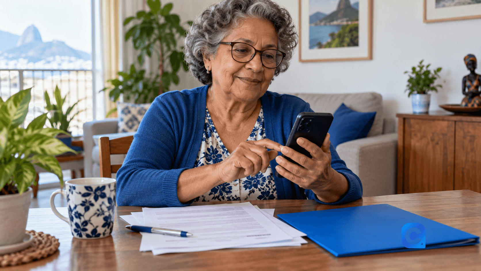 Aposentada verifica no celular o bloqueio de consignado INSS com pasta azul