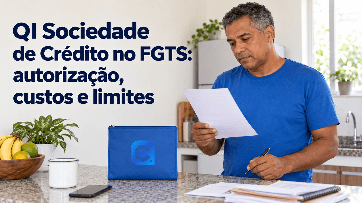 Homem de camiseta azul lê um documento neutro antes de autorizar, na bancada de casa, com o símbolo oficial do Meu Consig na bolsa azul de documentos.