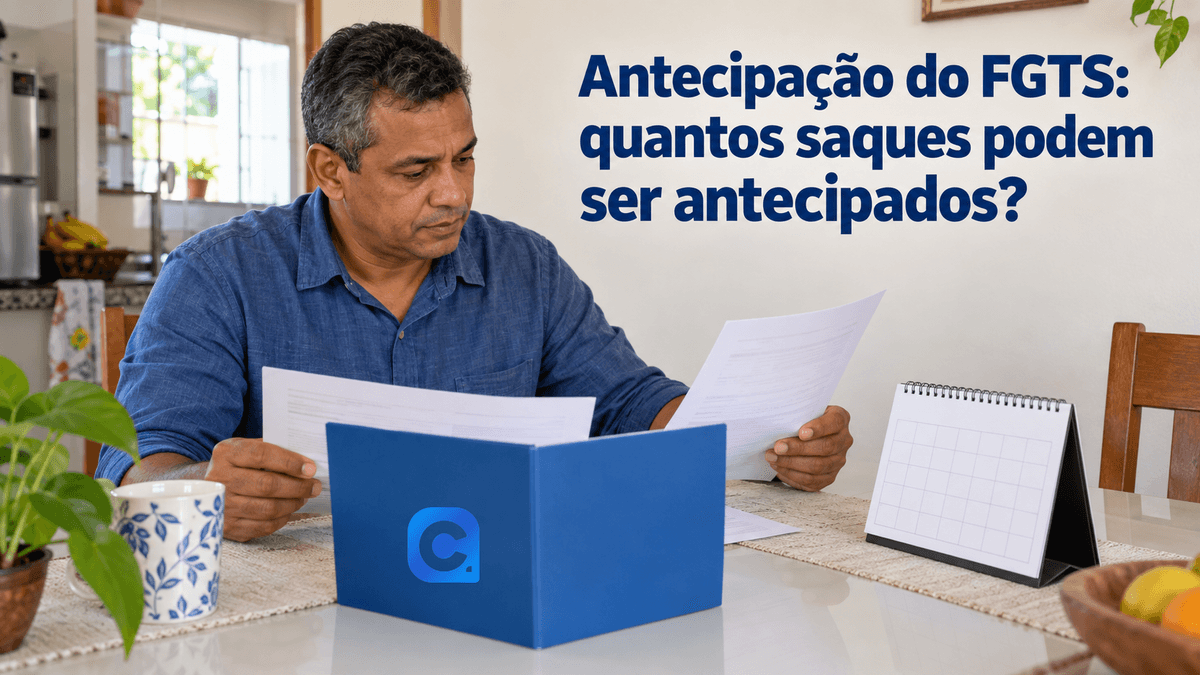 Homem de camisa azul compara documentos em uma mesa clara de casa, ao lado de um calendário neutro e de uma pasta azul com o símbolo oficial do Meu Consig.