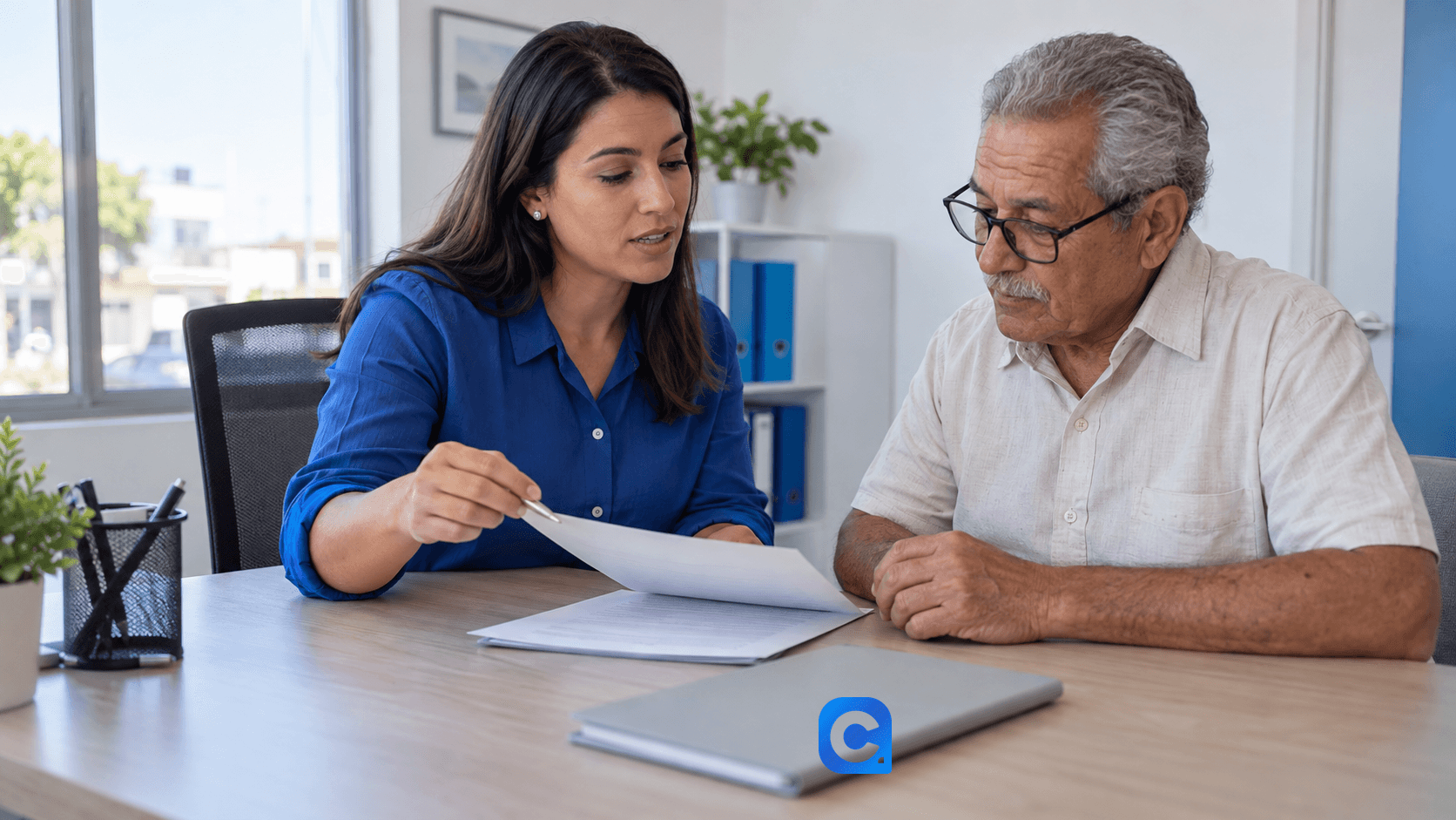 Assessora de blusa azul explica um documento a um homem idoso.