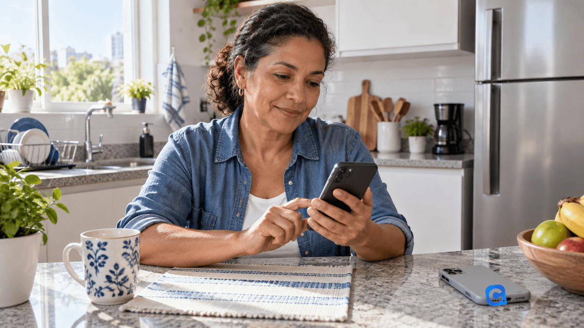 Mulher confere celular novo enquanto o aparelho antigo está sobre a bancada
