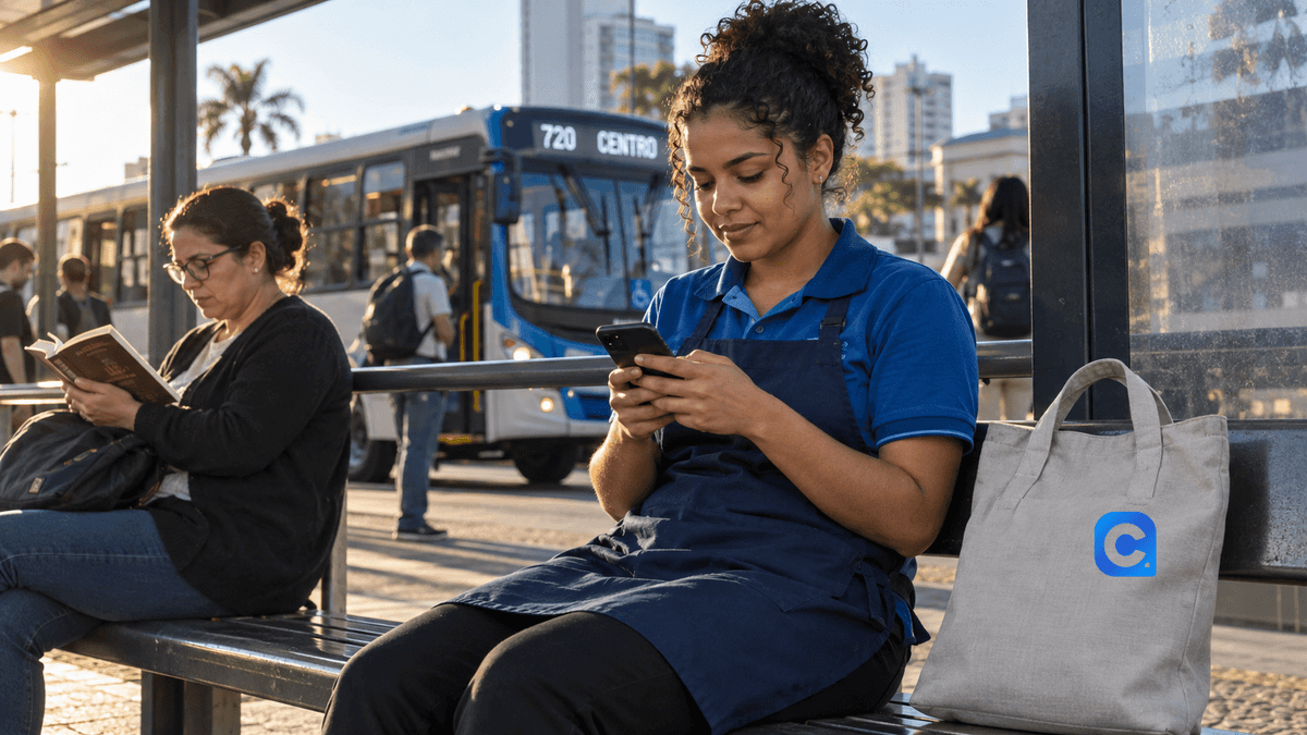 Trabalhadora consulta o celular no ponto de ônibus após o expediente