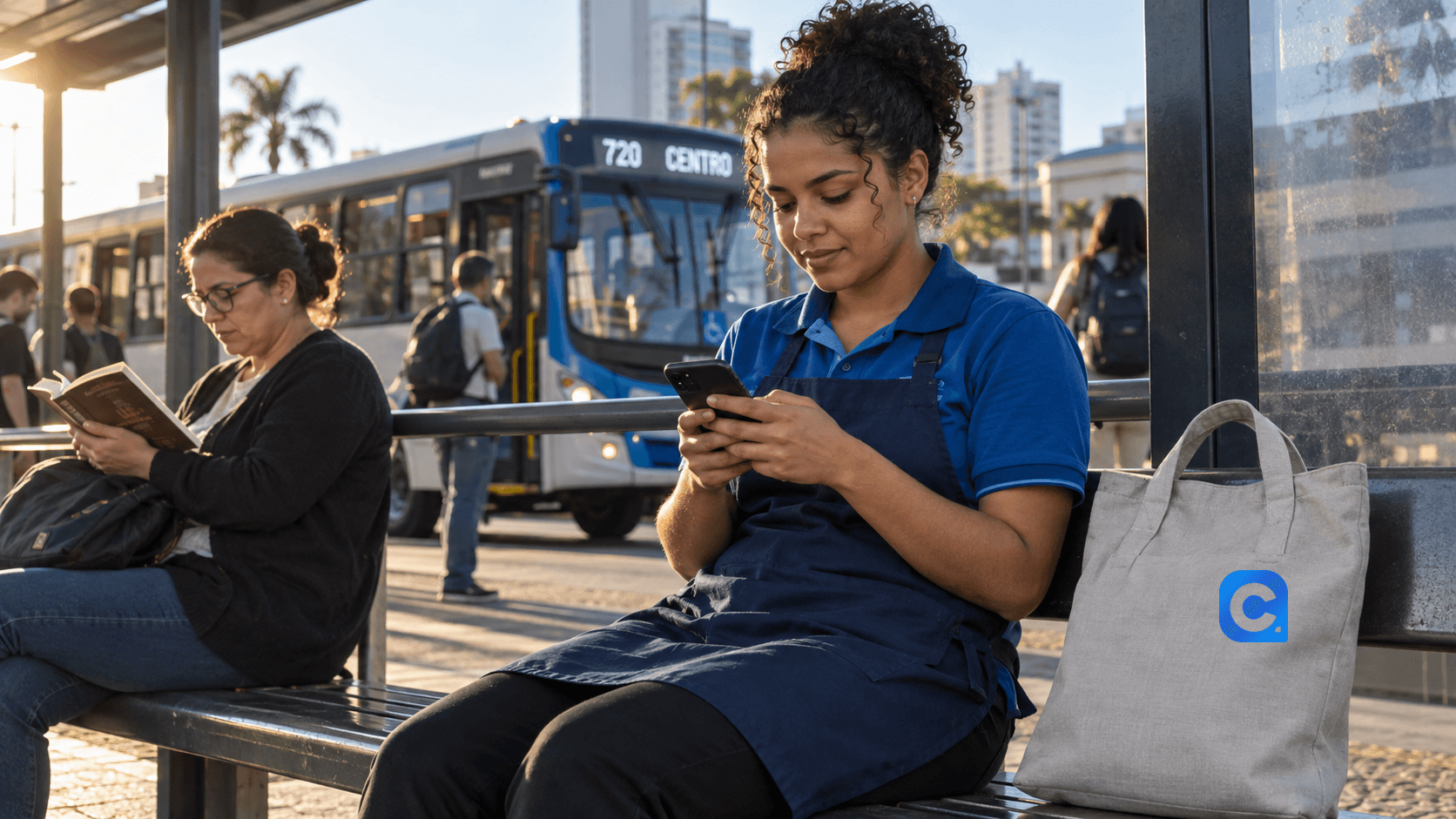 Trabalhadora consulta o celular no ponto de ônibus após o expediente